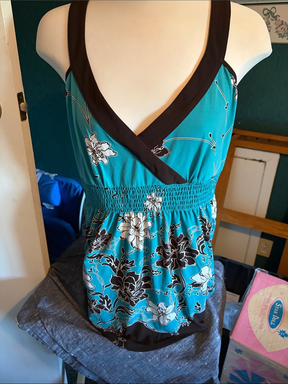 Style & Co , Floral Teal V-Neck Smocked Camisole with Brown Trim